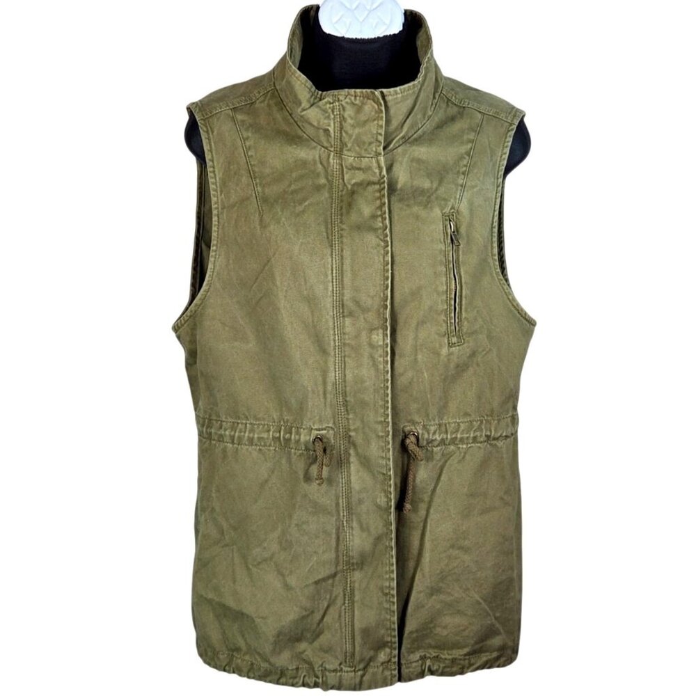 Per Se Army Green Cargo Vest Adjustable Waist Sleeveless Full-Zip Womens Sz Lg
